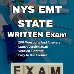 May include: A blue graphic with the text "NYS EMT STATE WRITTEN Exam." The image also includes the text "209 Questions And Answers," "Latest Version 2025," "Verified-Content," and "Easy to Use Format." The word "EXAM" is spelled out with wooden letter blocks.