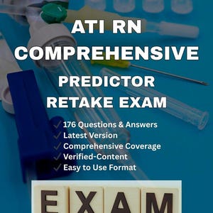 Puede incluir: Un fondo azul con suministros médicos y texto. El texto dice "ATI RN COMPREHENSIVE PREDICTOR RETAKE EXAM" con viñetas que enumeran las características. La palabra "EXAMEN" está escrita con bloques de letras de madera. El texto también incluye "A+ Success Guarantee".