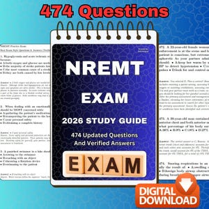 May include: A spiral-bound study guide for the NREMT exam, featuring the title "NREMT EXAM 2026 STUDY GUIDE" with "474 Updated Questions And Verified Answers." The cover is white with black text and a digital download button.
