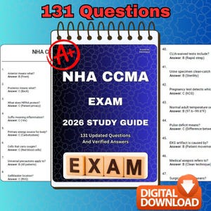 Könnte beinhalten: Ein digitaler Studienführer für die NHA CCMA-Prüfung mit einem marineblauen Einband. Der Text lautet "NHA CCMA EXAM 2026 STUDY GUIDE" und enthält 131 aktualisierte Fragen und verifizierte Antworten. Eine rote Note "A+" ist sichtbar.