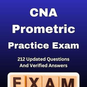 Può includere: Copertina di un libro con il titolo "CNA Prometric Practice Exam" in testo bianco su sfondo blu. La copertina include anche "212 Updated Questions And Verified Answers". La parola "EXAM" è scritta con blocchi di lettere di legno.