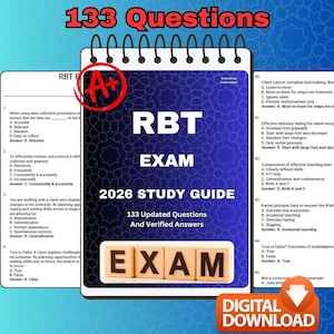 May include: A spiral-bound study guide for the RBT exam, featuring a navy blue cover with the title "RBT EXAM 2026 STUDY GUIDE." The cover also displays "133 Updated Questions And Verified Answers." A digital download button is visible.