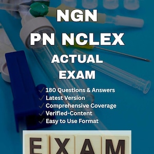 May include: A blue background with medical supplies and text. The text reads "NGN PN NCLEX ACTUAL EXAM" with bullet points listing features. The word "EXAM" is spelled out with wooden letter tiles. The image also includes the text "A+ Success Guarantee".