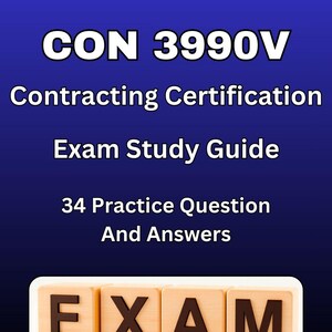 Puede incluir: Una portada de guía de estudio azul marino con texto blanco que dice "CON 3990V Certificación de Contratación Guía de Estudio del Examen". La guía incluye "34 preguntas de práctica y respuestas". La palabra "EXAMEN" está escrita con bloques de madera.