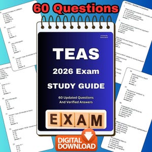 Può includere: Una guida allo studio per l'esame TEAS 2026, con 60 domande aggiornate e risposte verificate. La copertina è blu scuro con testo bianco e la parola "ESAME" è su blocchi di legno. Include un pulsante "DOWNLOAD DIGITALE".