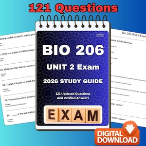May include: A spiral-bound study guide titled "BIO 206 UNIT 2 Exam 2026 STUDY GUIDE" with the text "121 Updated Questions And Verified Answers." The word "EXAM" is spelled out with wooden letter blocks. A digital download button is in the bottom right.