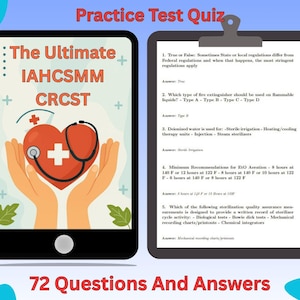 May include: A digital tablet displays a medical practice test quiz. The screen shows a heart with a stethoscope, the text "The Ultimate IAHCSMM CRCST", and 72 questions and answers. A clipboard with quiz questions is next to the tablet.