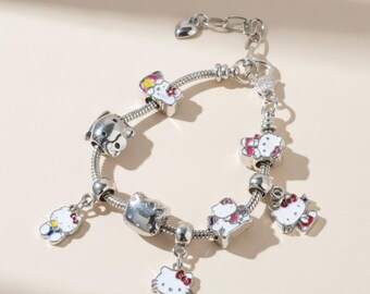 Hello Kitty Inspired Bracelet, Kawaii Y2K Beaded Bracelet, Cute Aesthetic Jewelry Gift for Her, Handmade Style Accessory