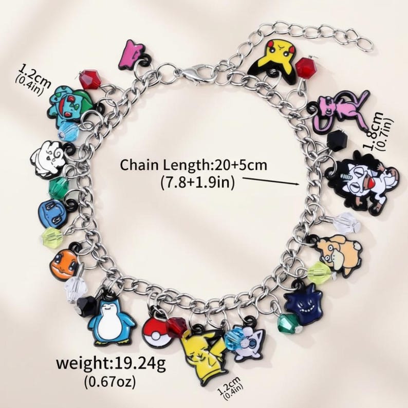 May include: A silver charm bracelet with various cartoon character pendants. The bracelet has a chain length of 20+5cm (7.8+1.9in) and weighs 19.24g. The charms are 1.2cm and 1.8cm in size. The bracelet features colorful, detailed charms.
