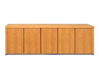 87" Long Minimalist Custom Rift Oak Credenza / Buffet / Sideboard + Chrome Base (Manner of Milo Baughman)