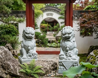 May include: Two light gray stone guardian lion statues positioned on square pedestals, flanking a stone pathway that leads through a dark red wooden gate and a circular moon gate in a garden setting with green foliage and mossy rocks.
