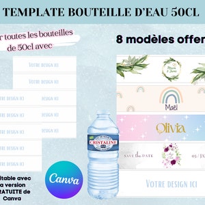 Template bouteille d'eau 50cl - Modèle personnalisé pour bouteille d'eau - Template canva avec 8 modèles offerts