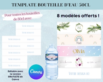 Template bouteille d'eau 50cl - Modèle personnalisé pour bouteille d'eau - Template canva avec 8 modèles offerts