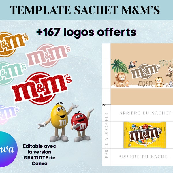 Template pour emballage M&M'S - Modèle personnalisé pour chocolat - Template canva avec logo et clipart - Modèle template canva offert