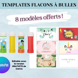 Template flacon à bulles - Modèle personnalisé pour set de savon à bulles - Flacons à bulles enfant - Template canva avec 8 modèles offerts