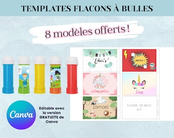 Template flacon à bulles - Modèle personnalisé pour set de savon à bulles - Flacons à bulles enfant - Template canva avec 8 modèles offerts