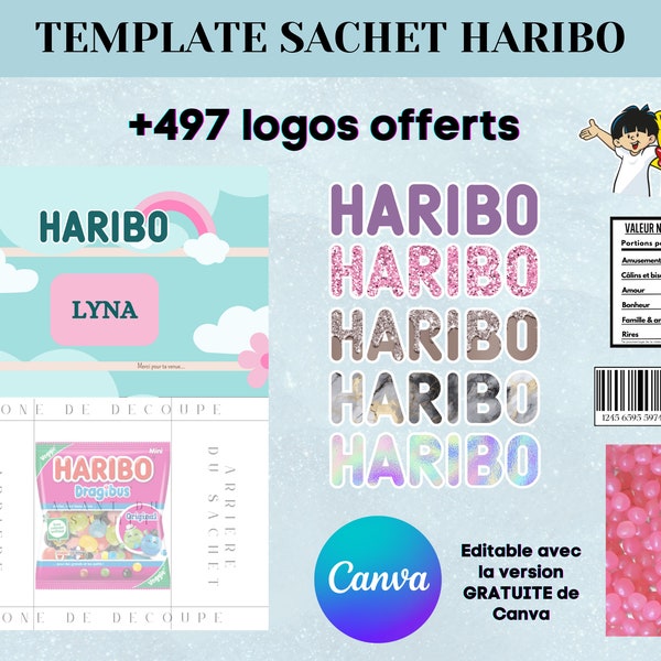 Template pour emballage Haribo - Modèle personnalisé pour sachet de bonbon haribo - haribo personnalisé - Template canva haribo avec logo