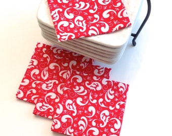 Red White Fabric Napkins, Cocktail Napkins, Eco Friendly 100% Cotton Napkins, Party Napkins - set of 6