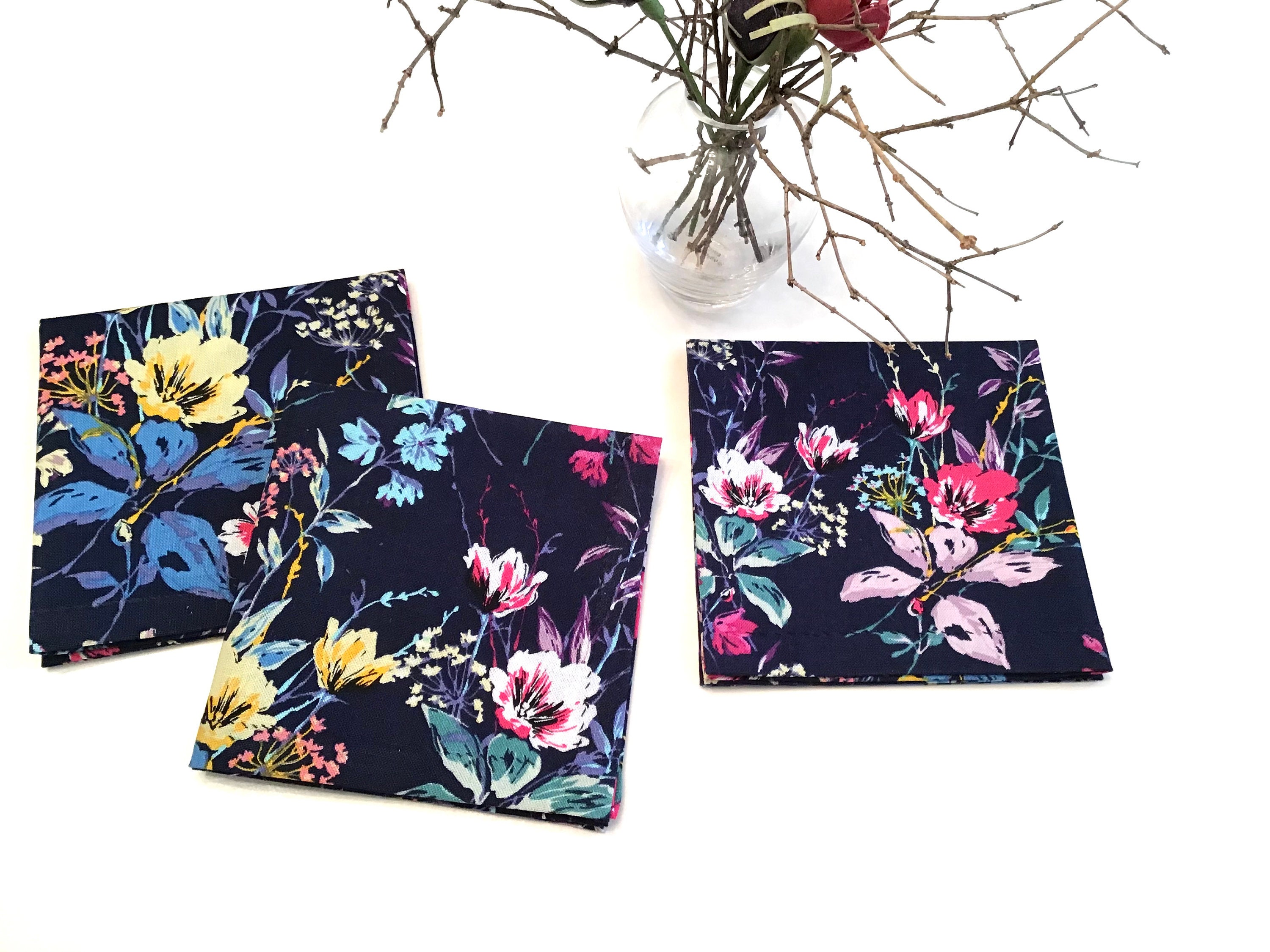 Navy Blue Floral Cocktail Napkins Beverage Napkins Eco Etsy