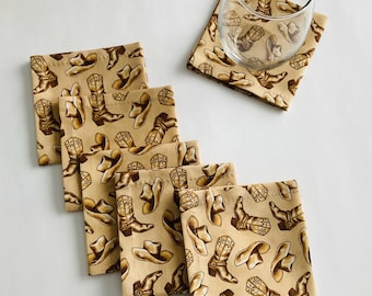 Set of 8 Cowboy Boots and Hats Cloth Cocktail Napkins, Beverage Napkins, 100% cotton napkins, party napkins, unique cocktail napkins