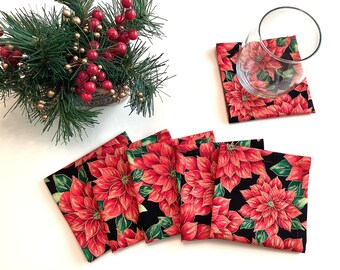 Christmas Cocktail Napkins Cloth Party Napkins Beverage Napkins Poinsettia Napkins - set of 6