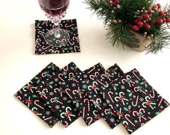 Set of 6 or 8 Christmas Candy Canes Cocktail Napkins Cloth Party Napkins Holiday Beverage Napkins - set of 6 or 8
