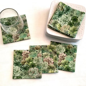 Succulents Cocktail Napkins Appetizer Napkins, Cotton Fabric Beverage Napkins  Cocktail Napkins - set of 6