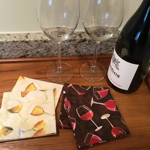 Wine Glasses Cloth Cocktail Napkins Beverage Napkins Party Cocktail Napkins - set of 6 or 8 Red Wine or White Wine Napkins