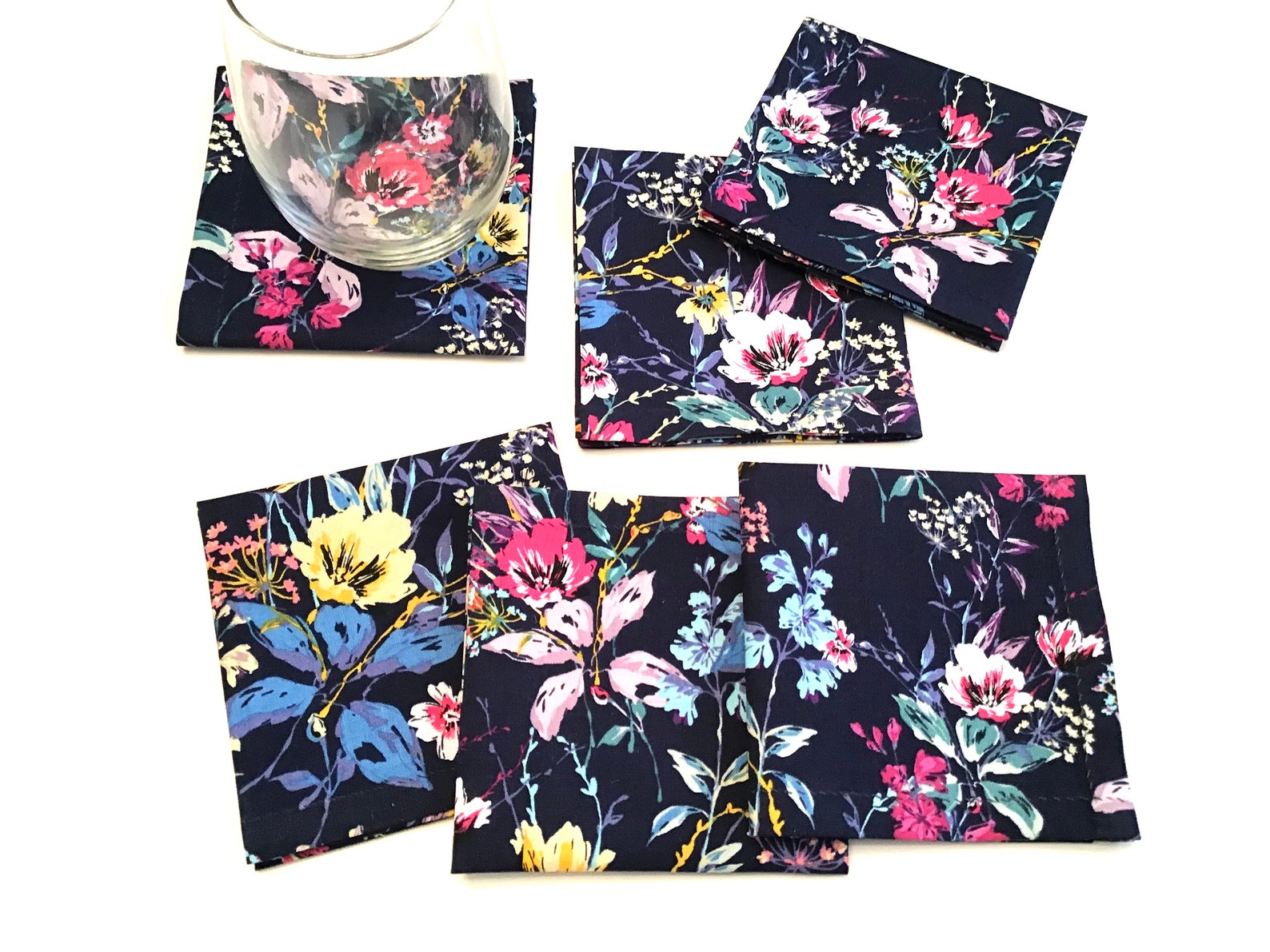 Navy Blue Floral Cocktail Napkins Beverage Napkins Eco Etsy