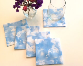 Cloth Cocktail Napkins Beverage Napkins Eco Friendly 100% Cotton Napkins Party Napkins Blue Sky White Clouds - set of 6 or 8