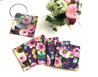 Floral Cocktail Napkins Beverage Napkins  Party Napkins, set of 6 - Purple fabric with beautiful flowers