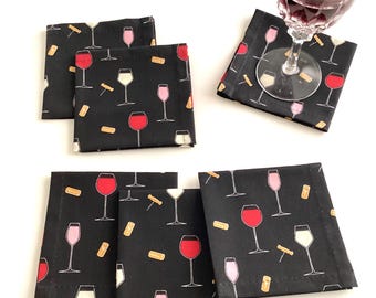 Set of 6 or 8 Wine Glasses Cloth Cocktail Napkins Beverage Napkins Party Cocktail Napkins - set of 6 or 8