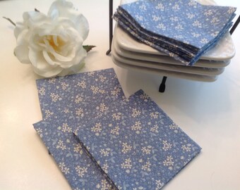 Set of 6 Light Blue and White Cocktail Napkins Appetizer Napkins Cocktail Beverage Napkins Hand stitched