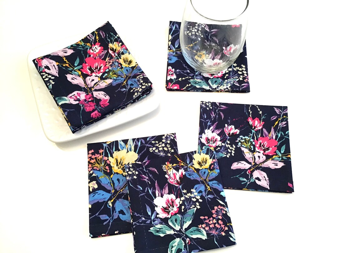 Navy Blue Floral Cocktail Napkins Beverage Napkins Eco Etsy