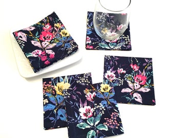 Navy Blue Floral Cocktail Napkins, 100% Cotton Party Napkins, Set of 6