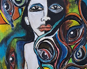 A History of Eyes on Me Art Brut Outsider Original Many Eyes Paranoia Color Swirls Small Art