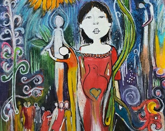 Mourning Dove Pregnancy Reveal Art: Original Sunflower Painting
