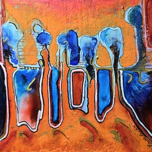 May include: Abstract acrylic painting on canvas with a textured orange background. The artwork features vertical shapes in blue, red, and white, outlined in black and gold. The painting has a modern, contemporary style.