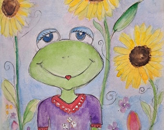 Froggy Smiles Soft Watercolor Original Painting on paper. Large Sunflowers Daisies, Tulips, Green Frog in Garden Girl Purple dress red trim
