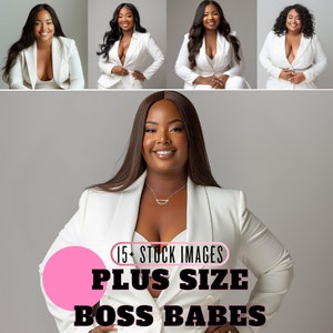 Op de afbeelding: Een collage van vier afbeeldingen met vrouwen van kleur die witte blazers dragen. De onderste afbeelding toont een vrouw met lang donker haar die een witte blazer draagt en lacht. De tekst "15+ STOCK IMAGES PLUS SIZE BOSS BABES" is over de afbeelding gelegd.