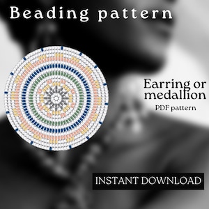 May include: A circular beading pattern design for an earring or medallion. The design features concentric circles in various colors, including blue, green, yellow, and pink, with the text "Beading pattern" and "Earring or medallion PDF pattern".