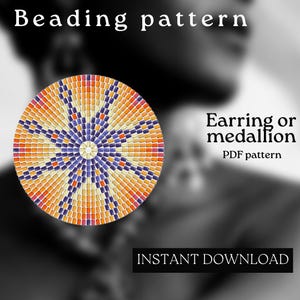 May include: A circular beading pattern design for an earring or medallion. The design features a sunburst pattern in shades of orange, red, blue, and cream. The text "Beading pattern" and "Earring or medallion PDF pattern" are visible.