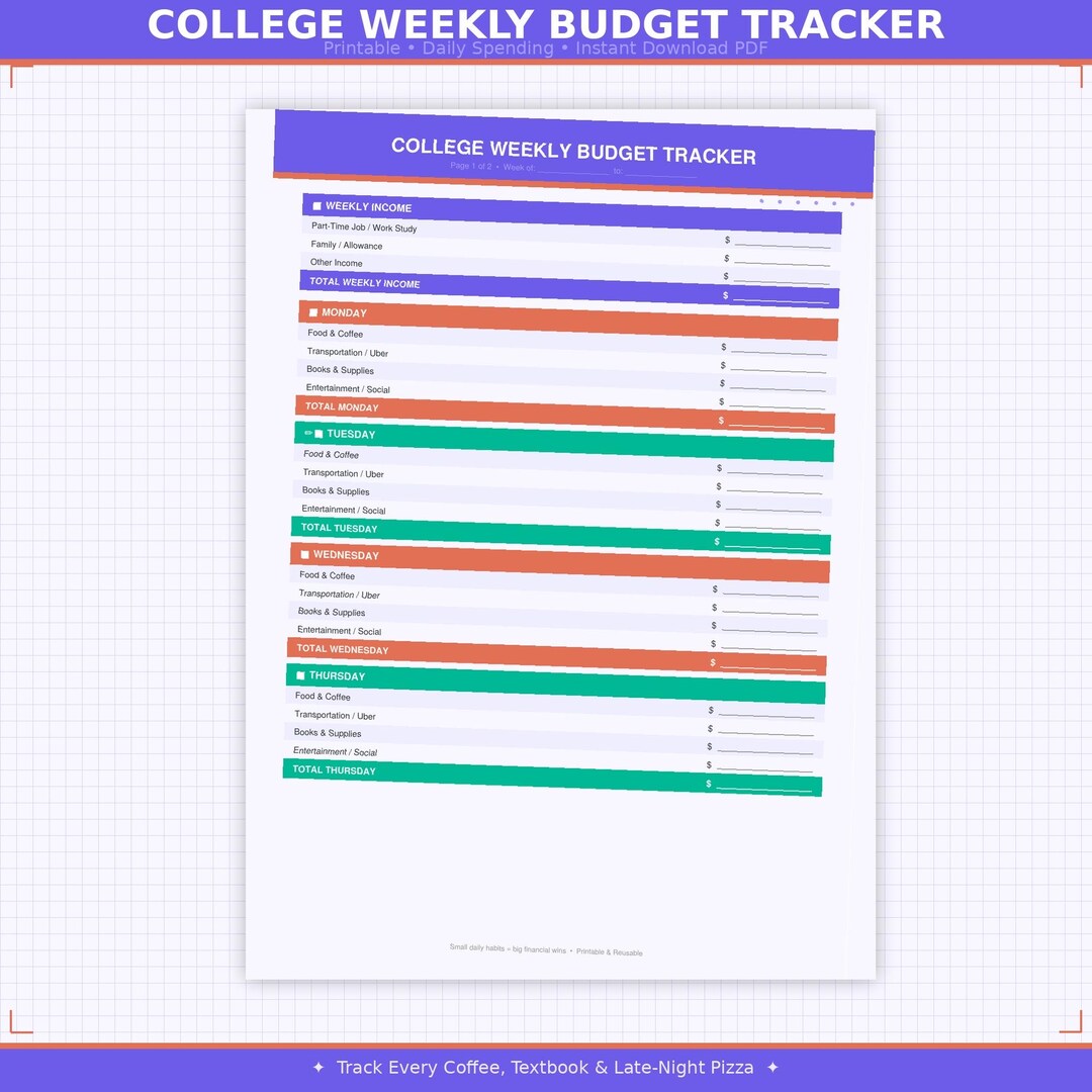 College Weekly Budget Tracker | Student Expense Planner (PDF Download ...