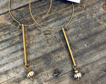 Brass Hoop Earrings with Brass Bar and Ethnic Bead drop