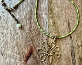 Thin Beaded Brass Flower pendant, Boho Necklace • Statement Necklace • Seed Bead Necklace • Layering Necklace