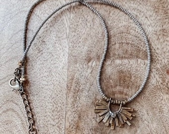 Thin Beaded Brass Modern Sunburst Drop • Boho Necklace • Minimalist Necklace • Seed Bead Necklace • Layering Necklace