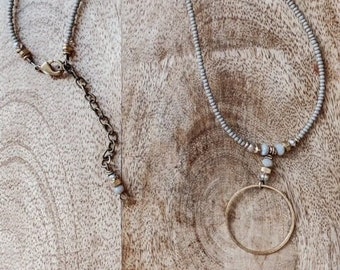 Thin Beaded Brass textured Circle w/bead drop pendant, Boho Necklace • Minimalist Necklace • Layering Necklace