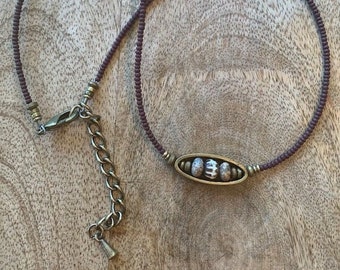 Thin Seed Bead Necklace with a Brass Oval and Bead Center • Boho Necklace • Minimalist Necklace • Layering Necklace