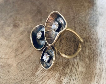 Organic brass pod floral rhinestone adjustable ring