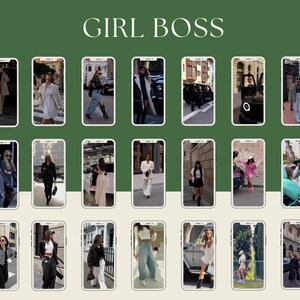 May include: A collage of 20 images featuring women in various outfits and settings. The images are arranged in a grid pattern and each image is framed by a white border. The title "GIRL BOSS" is displayed at the top of the collage.